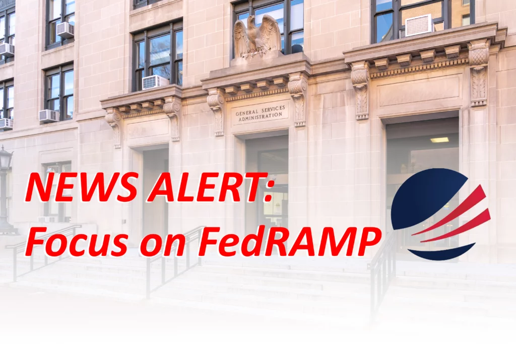a building with the words "News Alert: Focus on FedRAMP"
