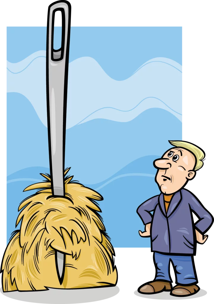 an illustrated man looking up at a giant needle in a small haystack