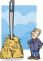 an illustrated man looking up at a giant needle in a small haystack