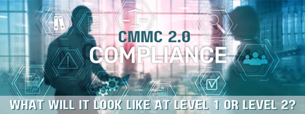 the text 'CMMC 2.0 compliance' and 'what will it look like at level 1 or level 2?' with a figure and icons in the background