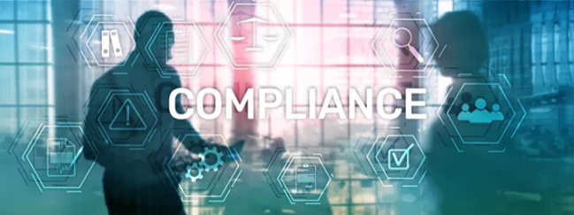 a group of people are standing in front of a screen that says compliance