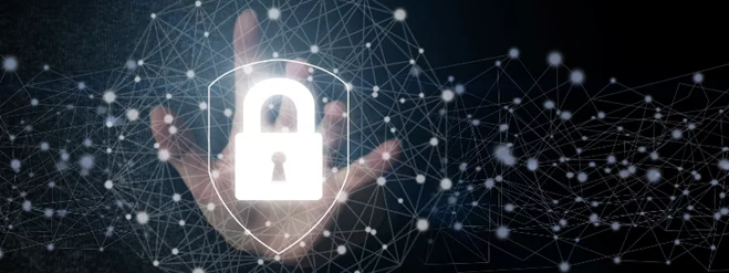 a hand reach towards a shield with a lock in the middle surrounded by glowing lines connected by dots