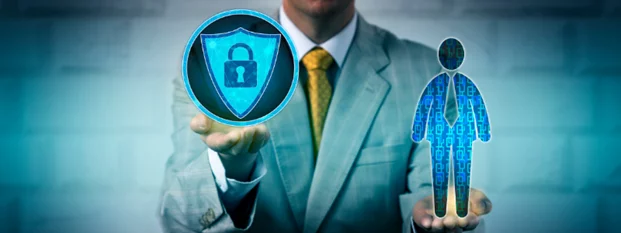 a man in a suit and tie is holding a shield and a person