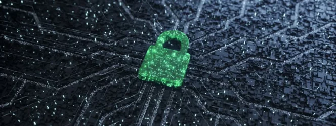 a green lock surrounded by black circuits