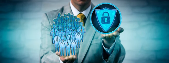 a man in a suit holding both his hands out, one holding an unlocked key and the other holding a number of people representing workers