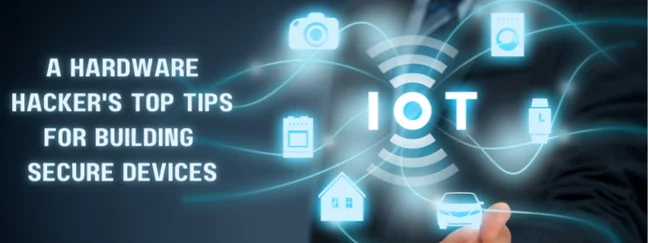 a man is pointing at screen that says " a hardware hacker 's top tips for building secure devices "
