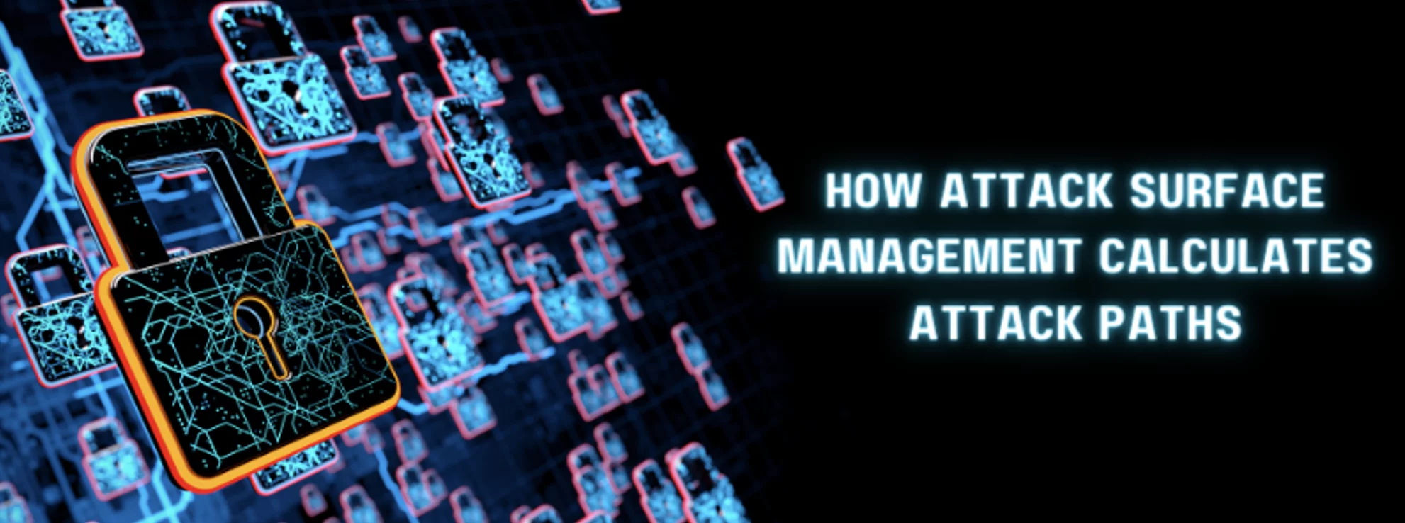 the text 'how attack surface management calculates attack paths' with glowing illustrated locks in the background