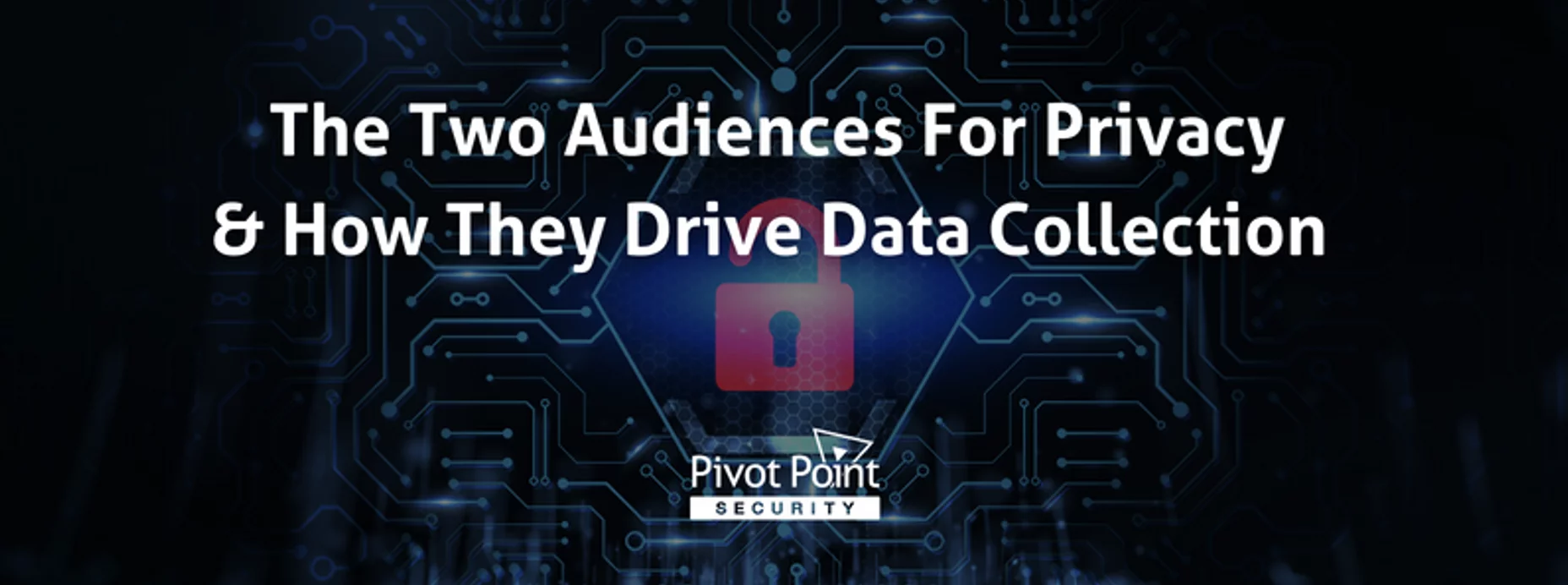 the text 'the two audiences for privacy & how they drive data collection' and 'pivot point security' with an unlocked lock in the background surrounded by circuits