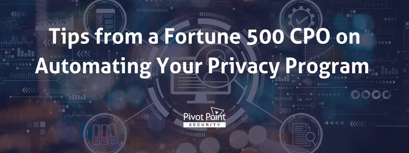 the text 'tips from a fortune 500 CPO on automating your privacy program' with an icon branching off into four other icons in the background
