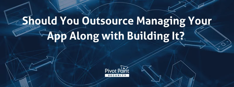 the question 'should you outsource managing your app along with building it?' with a background of technological devices pointing to and from a cloud