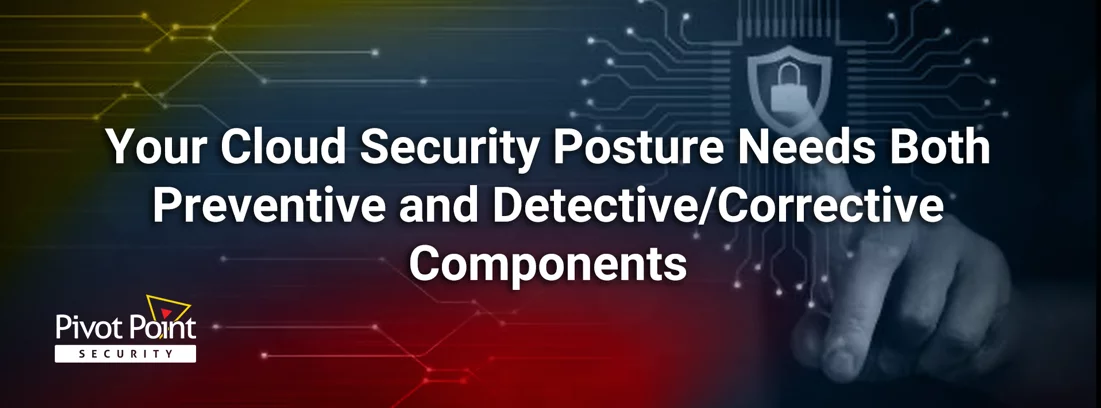 the text 'your cloud security posture needs both preventive and detective/corrective components' with an index finger reaching for an icon in the background