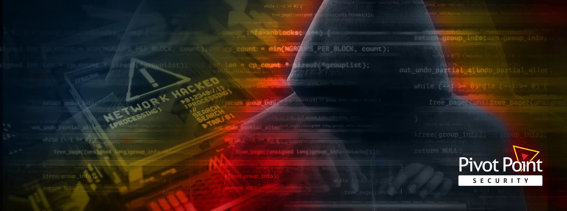 Pivot Point Security banner with a black hood individual hacking the network