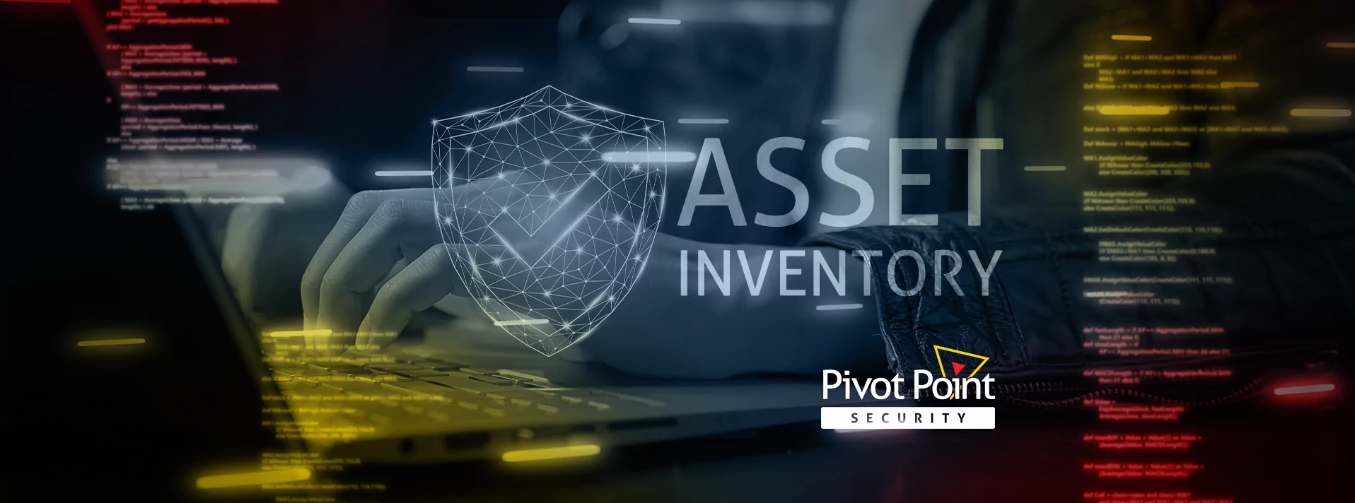 Pivot Point Security banner explaining asset inventory with a computer screen & shield in background
