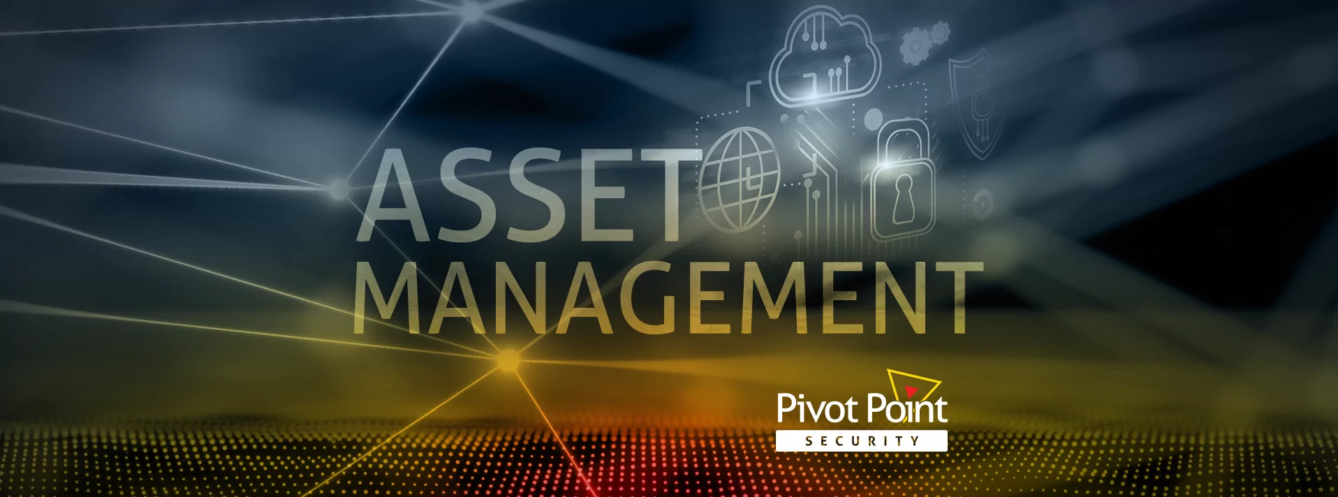 the words 'asset management' with glowing lines and dots in the background surrounded by a group of icons