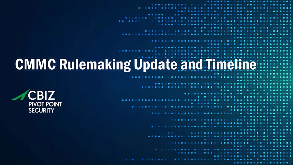 a blue background with the words cmmc rulemaking update and timeline