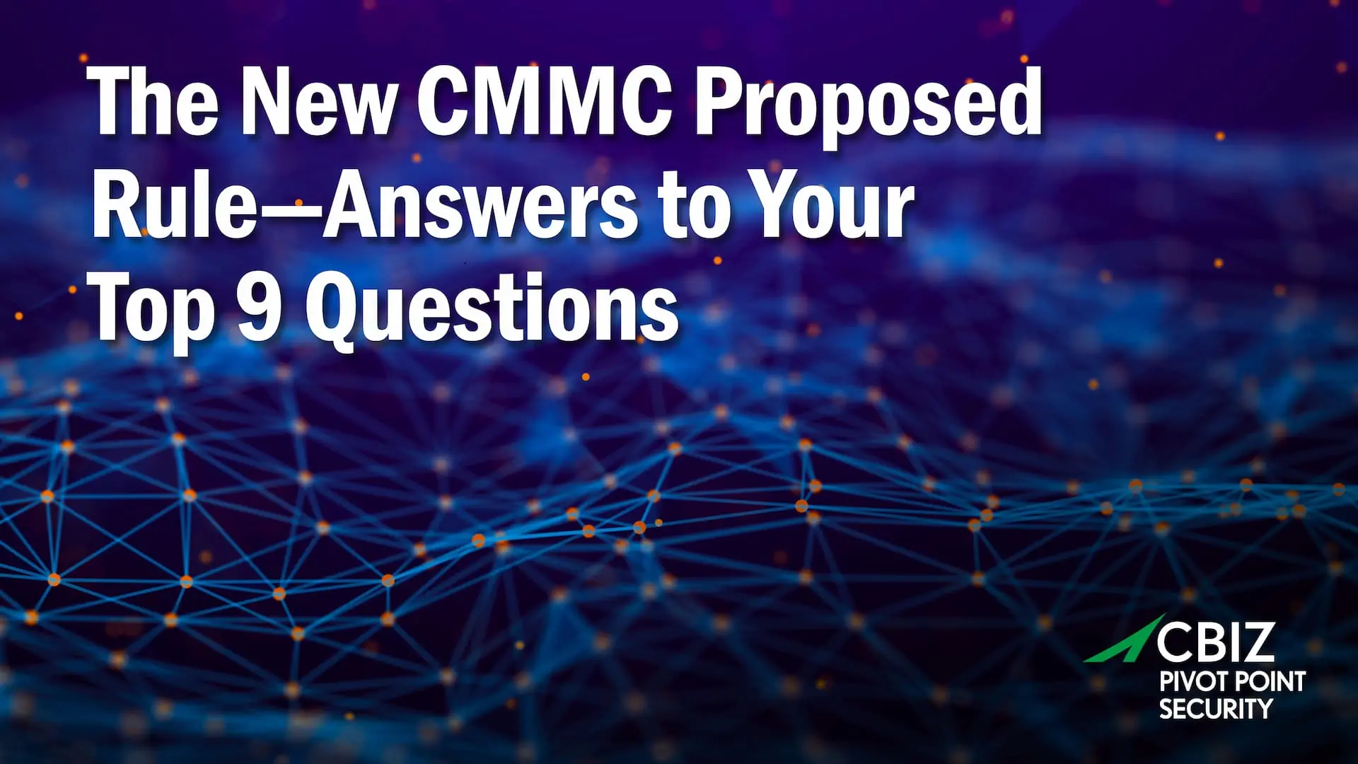 the text 'the new CMMC proposed rule-answers to your top 9 questions' with glowing lines connected by dots in the background