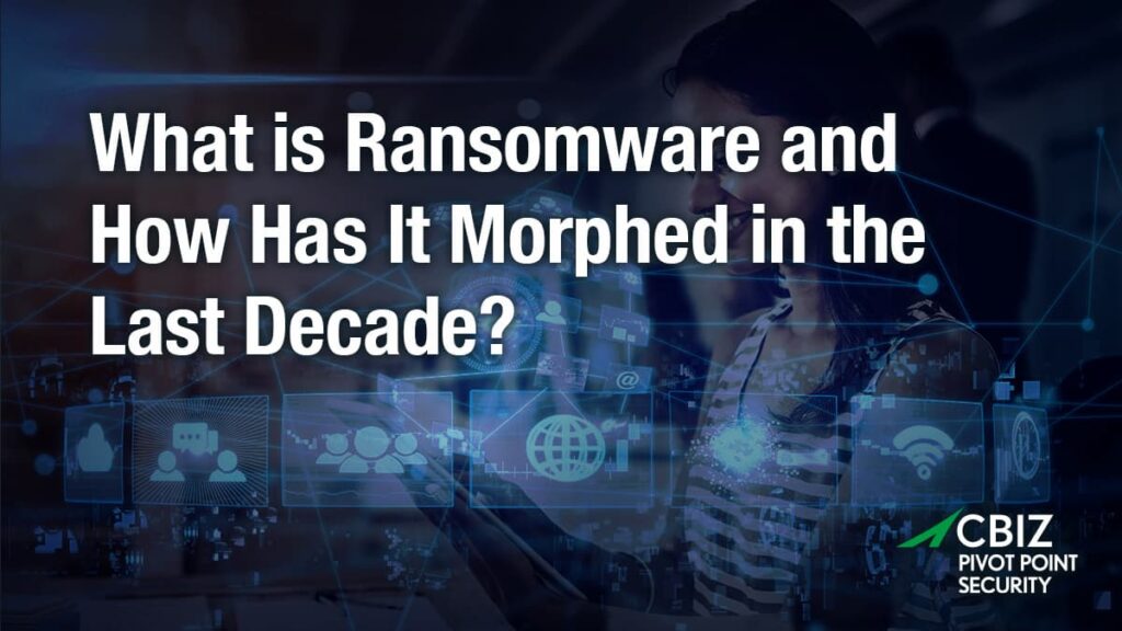 a woman looking at a tablet with words what is ransomware and how has it morphed in the last decade