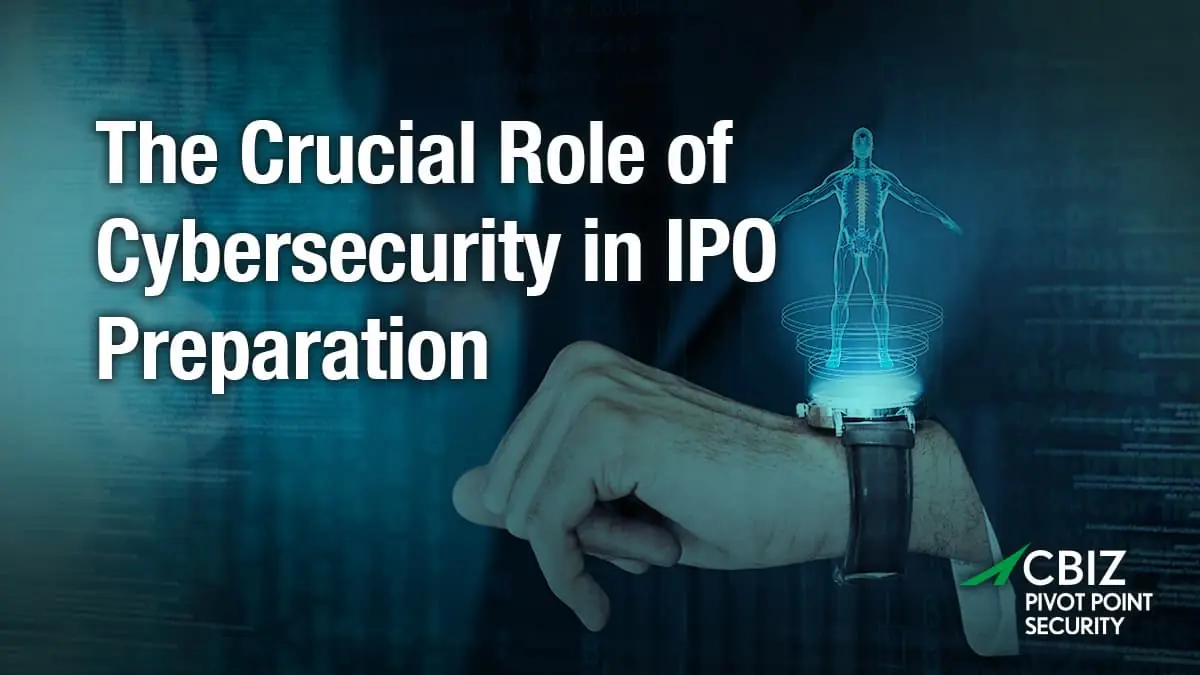 the text 'crucial role of cybersecurity in IPO preparation' with a watch displaying a figure of a person in the background