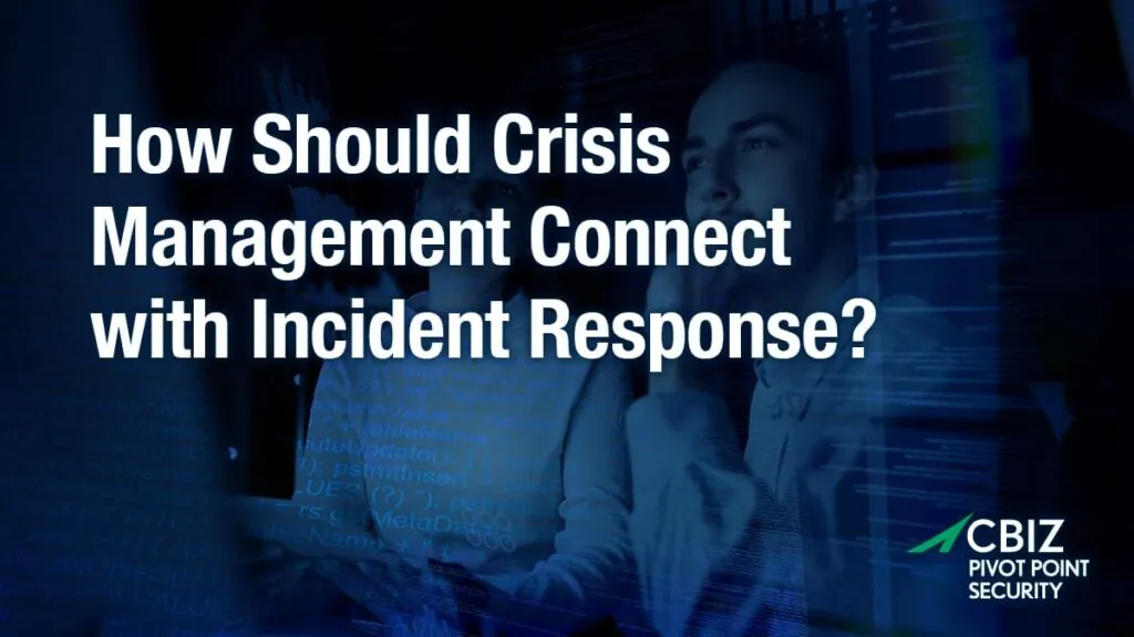 the question 'how should crisis management connect with incident responses?' with two individuals in the background looking at something in the distance