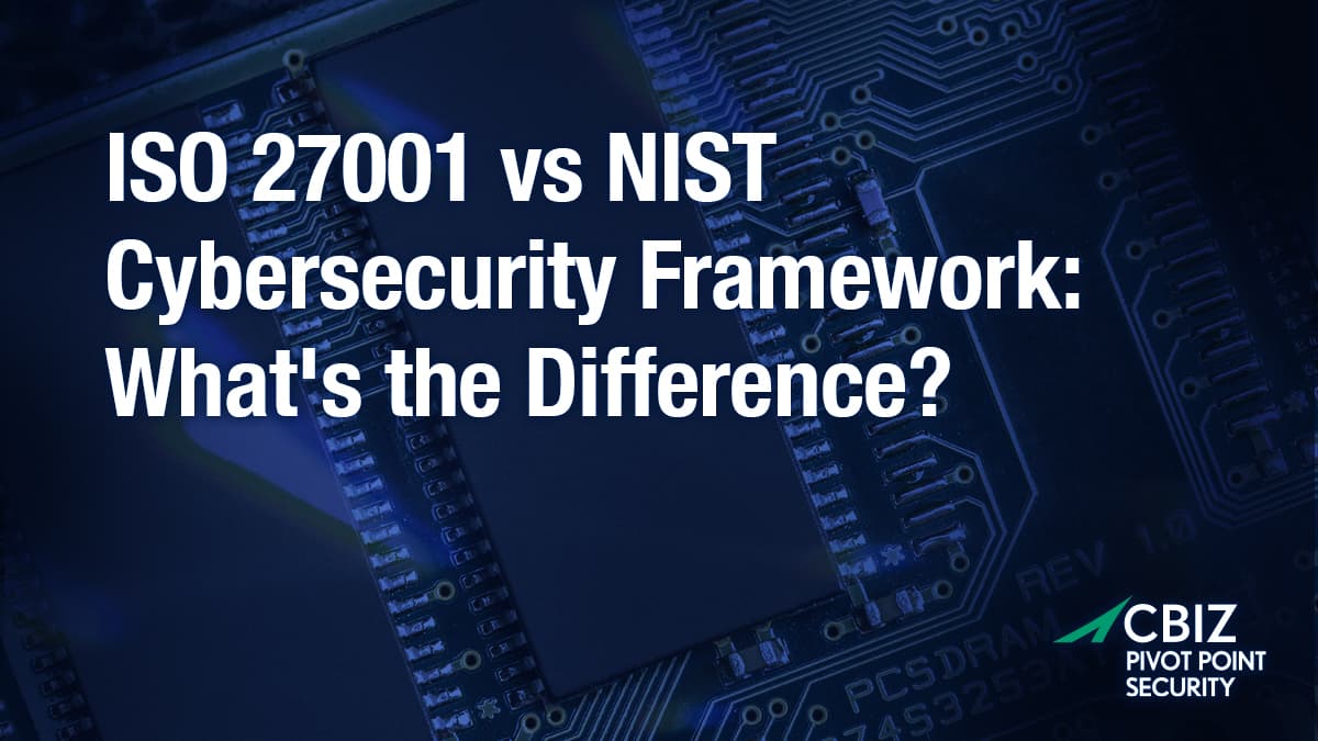 the question 'ISO 27001 vs NIST cybersecurity framework: what's the difference?' with blue circuits in the background